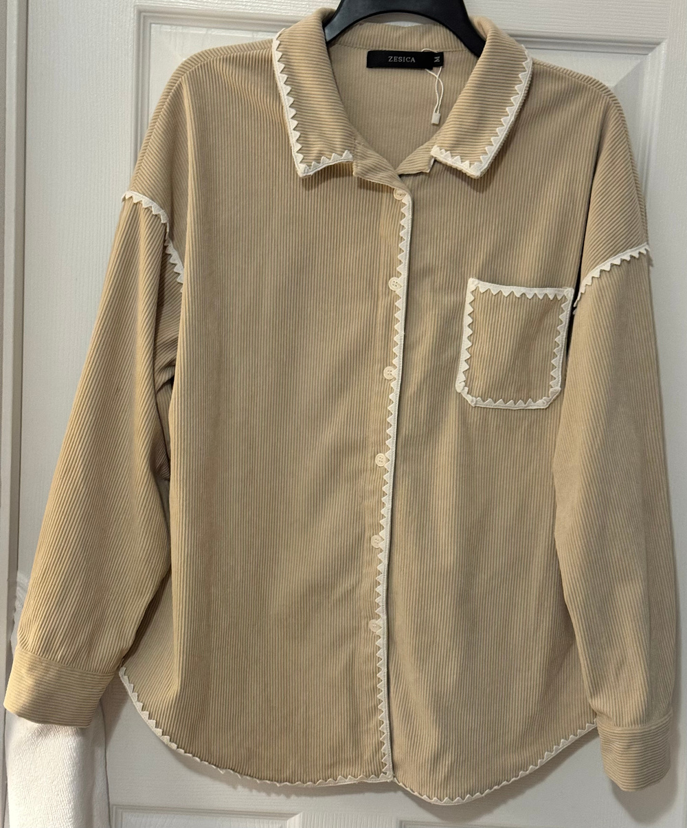 Zesica Corduroy Button Front Shirt Beige Contrast Trim Size M